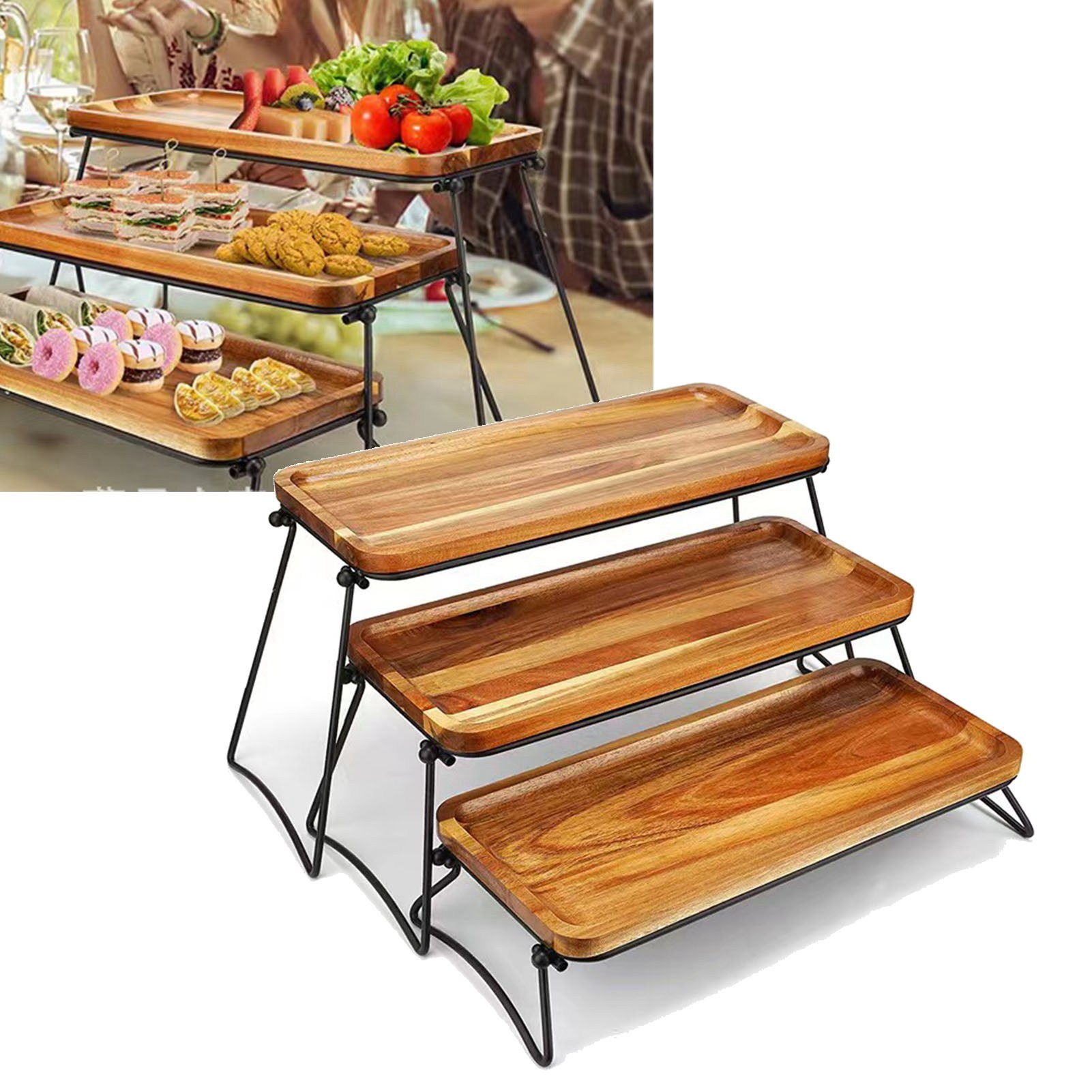 Dreistöckige Servierplatte Aus Holz, Große Servierplatte Für Vorspeisen, Snacks, Obst, Cupcakes, Holzmaserung