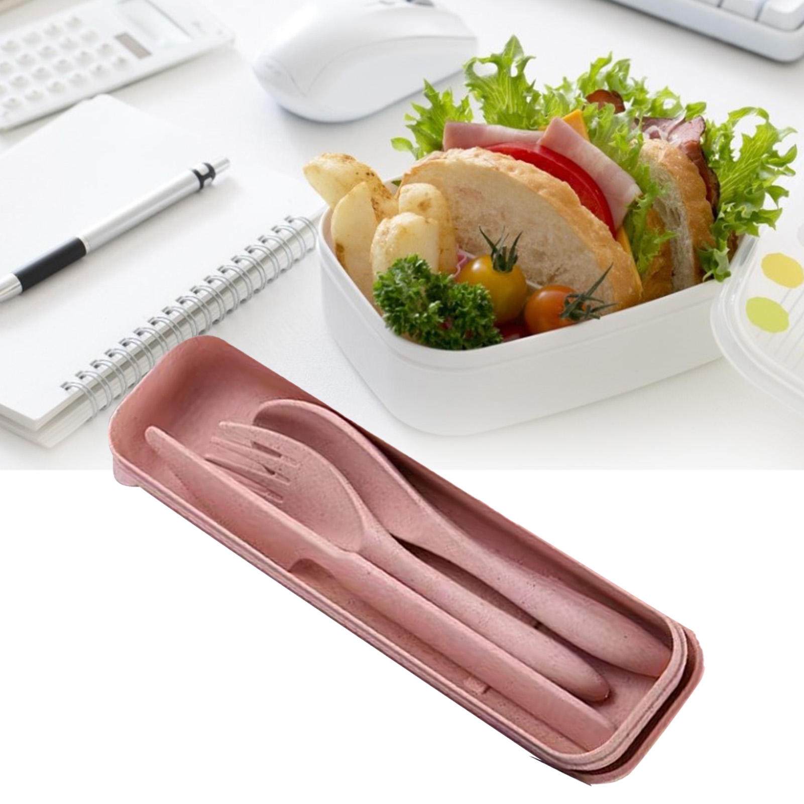 Modernes, Tragbares Besteckset Aus Weizenstroh, Bestehend Aus Gabel, Löffel, Messer Und Geschirr, Inklusive Box, Für Büro, Schule Und Picknick, Rosa