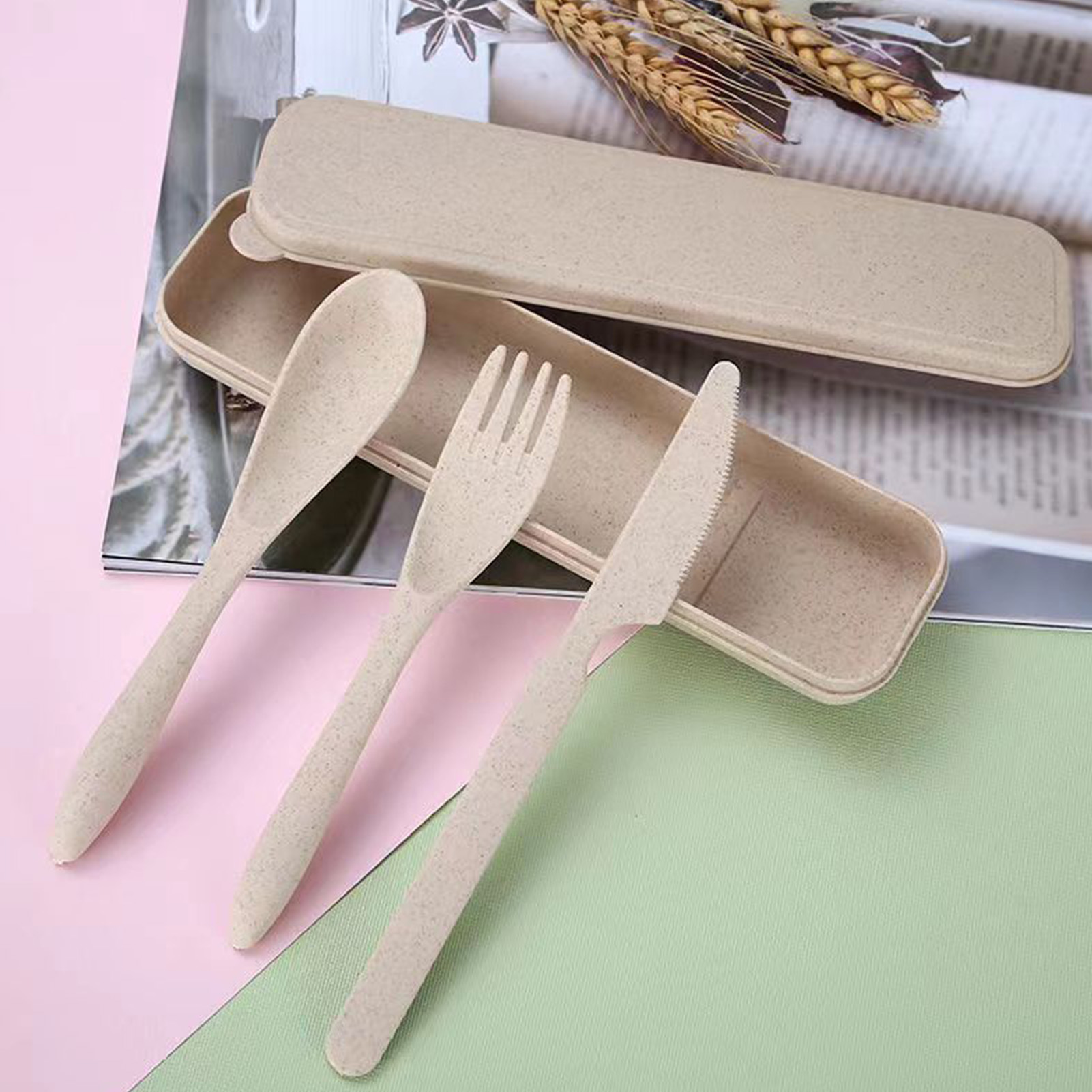 Modernes, Tragbares Besteckset Aus Weizenstroh, Bestehend Aus Gabel, Löffel Und Messer, Inklusive Box, Für Büro, Schule Und Picknick, Beige