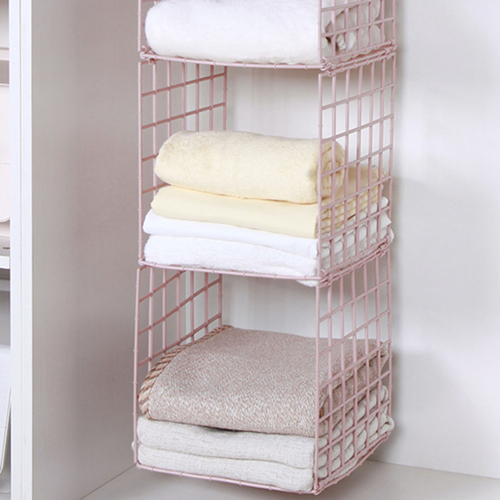 Hängender Kleiderschrank-organizer, 3-stöckig, Rosa, Minimalistisch, Gittermuster, Kunststoff, Stoff, Für Schlafzimmer, Studentenwohnheim