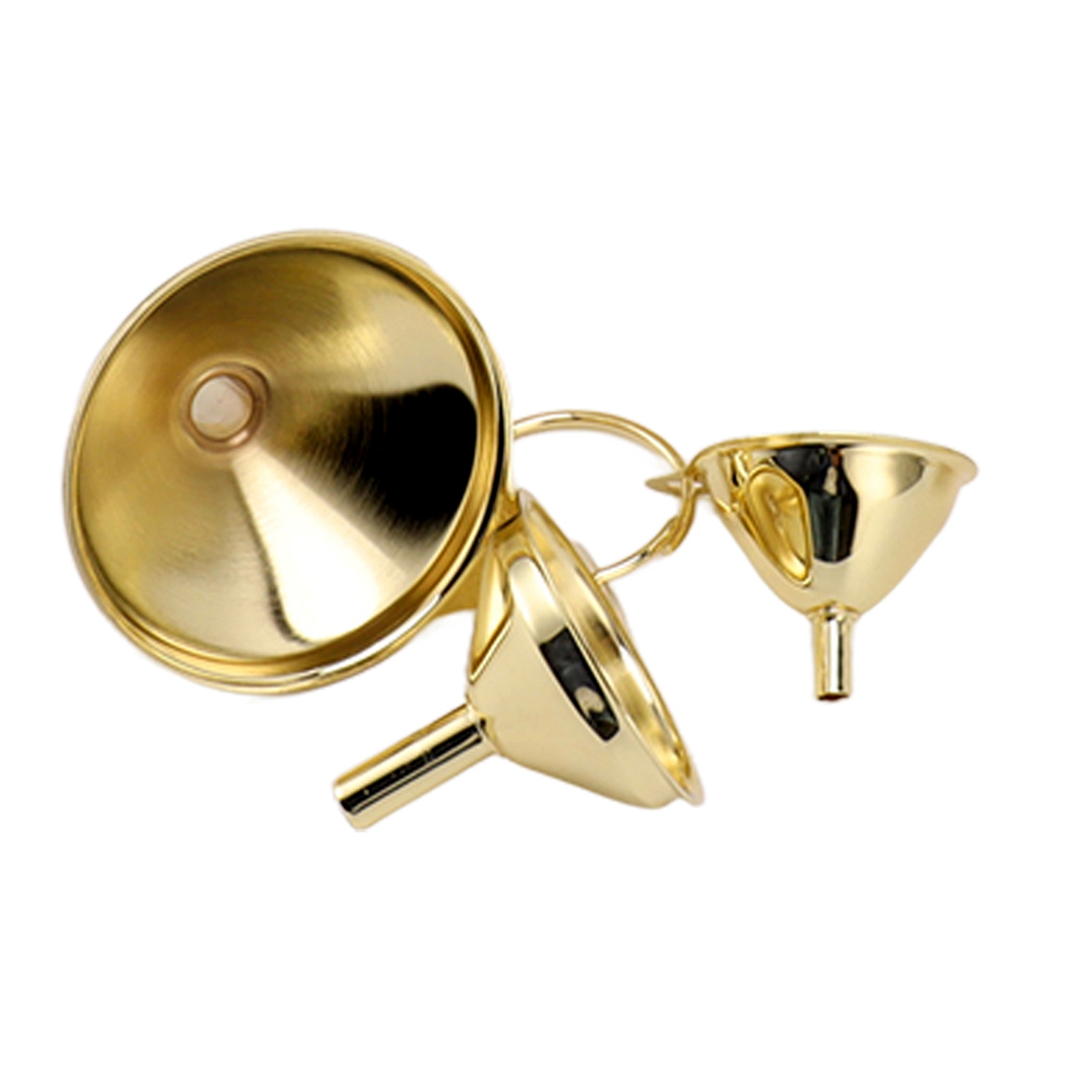 Set Mit 3 Goldenen Edelstahl-küchentrichtern Für Flüssiges Öl Und Zum Einkochen