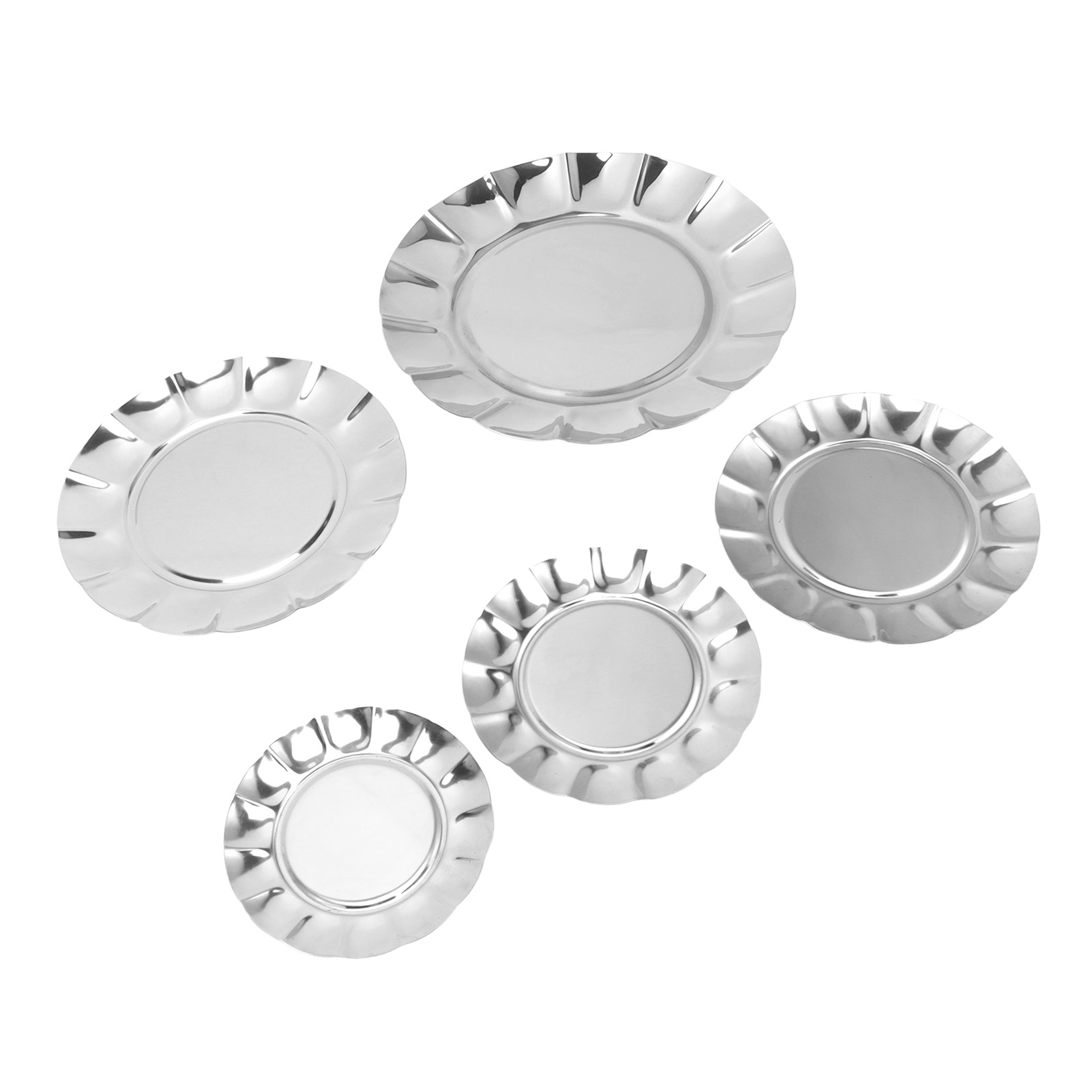 Set Aus 5 Edelstahl-speisetellern (13 Cm, 15 Cm, 16,5 Cm, 20 Cm, 25 Cm) Und Einer Drehtellerplatte