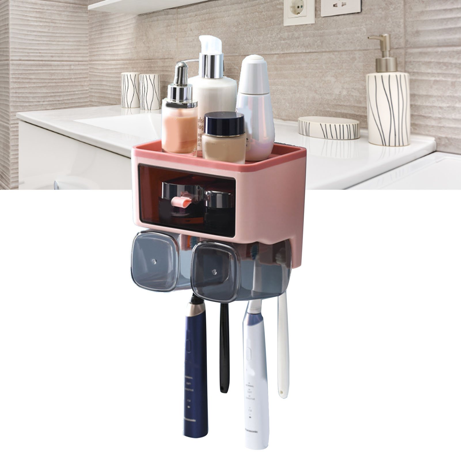 Zahnbürstenablage, Mundwasserbecherhalter, Ohne Bohrlöcher, Wandmontage, Rosa, 2 Becher