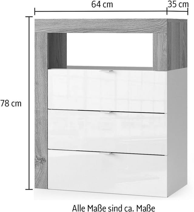 welltime Unterschrank Hamburg Höhe 78 cm, Breite 64 cm, Badkommode mit 3 Schübkästen, Badezimmerschrank, dekorativer Rahmen, offenes Fach, Metallgriffe