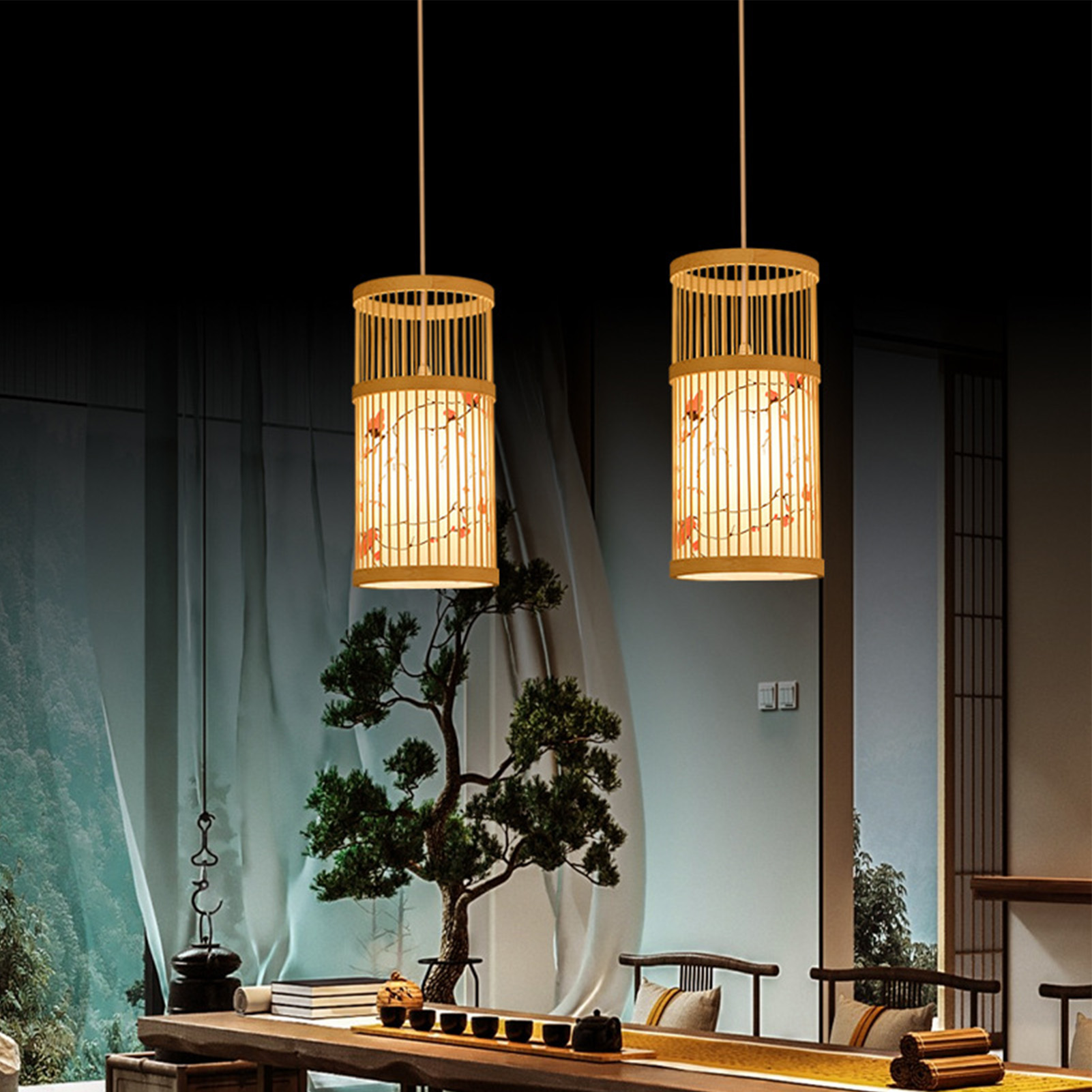 Led-pendelleuchte Im Chinesischen Stil, Aus Geflochtenem Holz, Zen-design, Deckenleuchte Mit Lampenschirm In Schaffelloptik, Für Zuhause, Hotel, Teestube, 111 V Bis 240 V