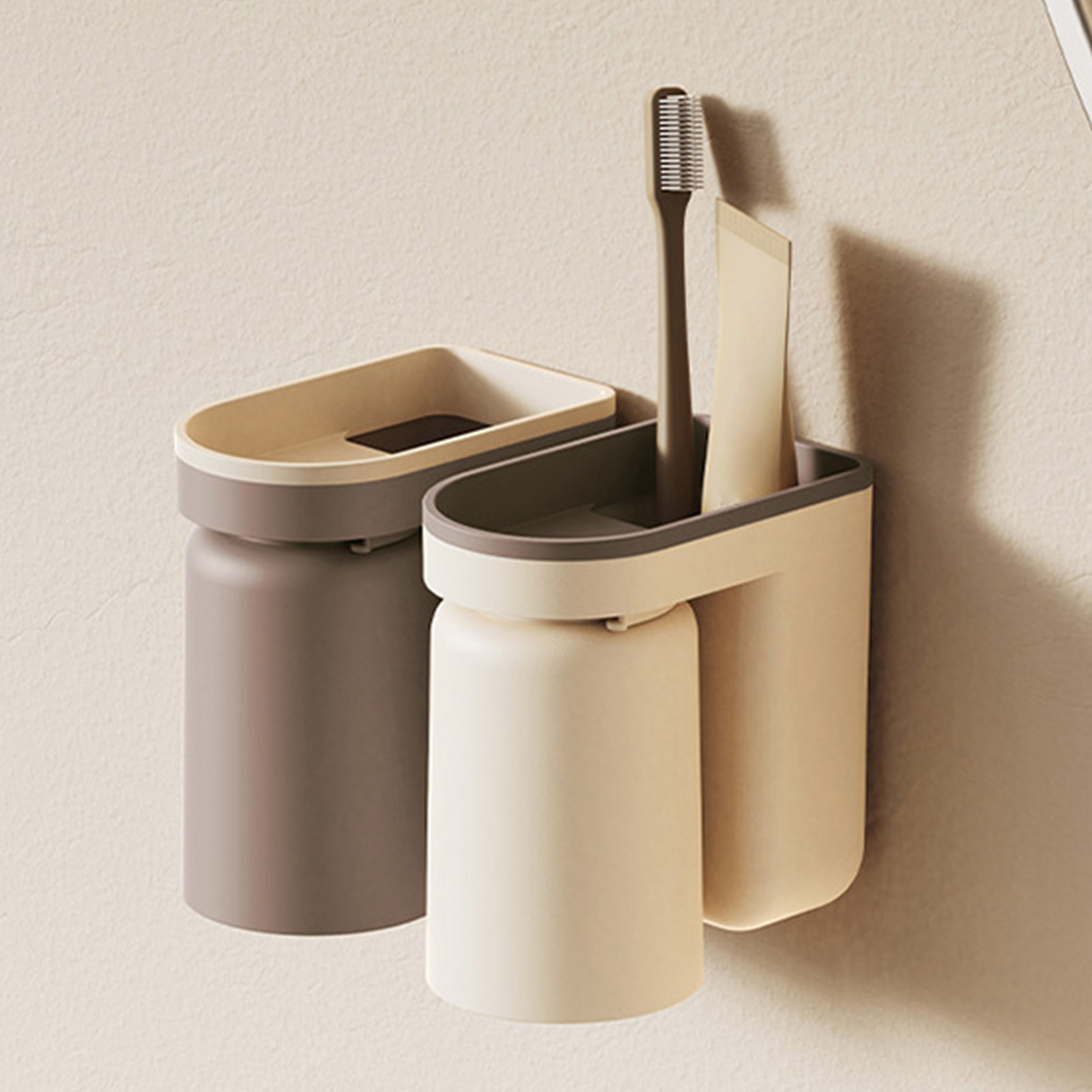 Selbstklebender Zahnbürstenhalter Mit Abfluss, Wandmontage, Mit Bechern Fürs Badezimmer, Beige