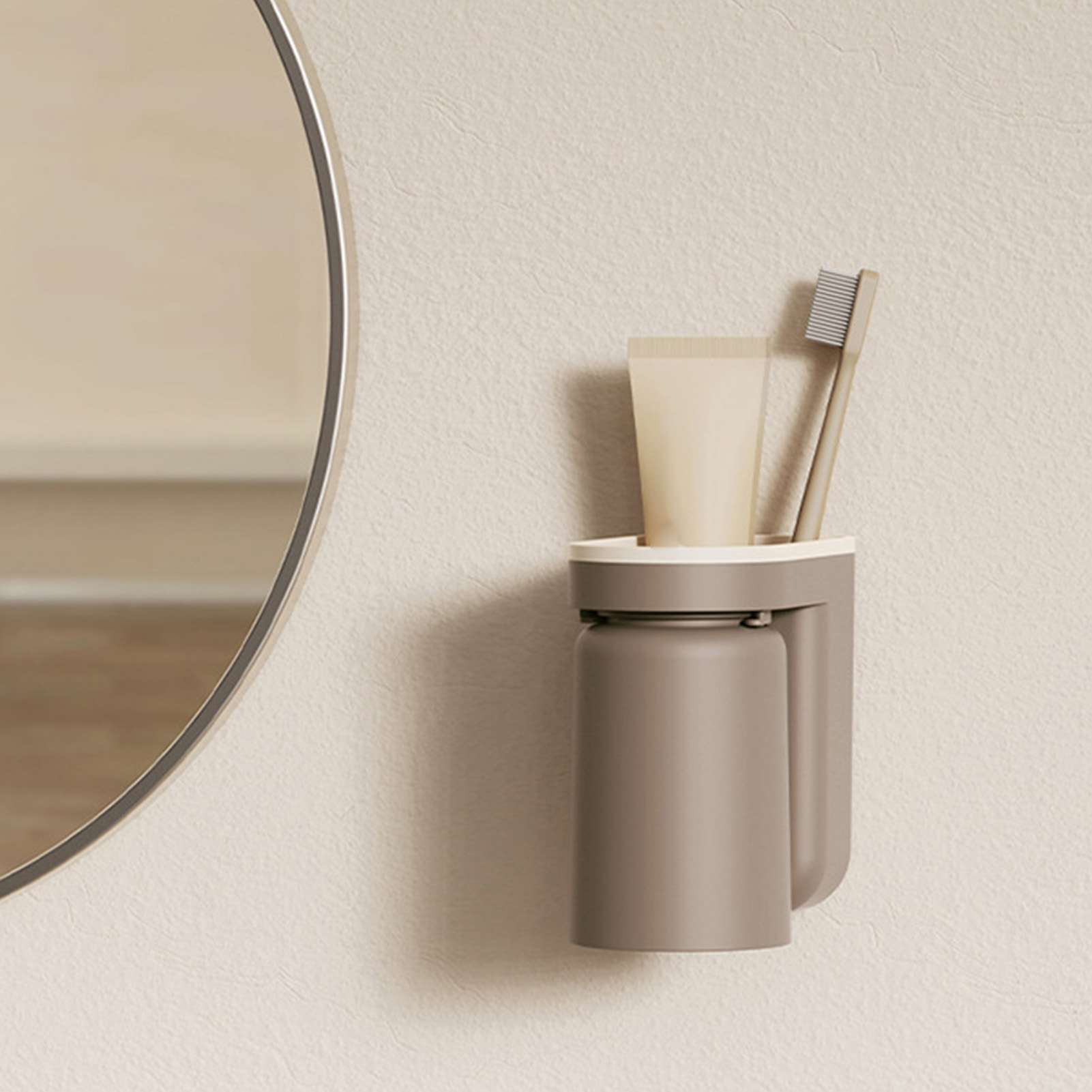 Selbstklebender Zahnbürstenhalter Mit Abfluss, Wandhalterung Und Bechern Fürs Badezimmer, Karamellbraun