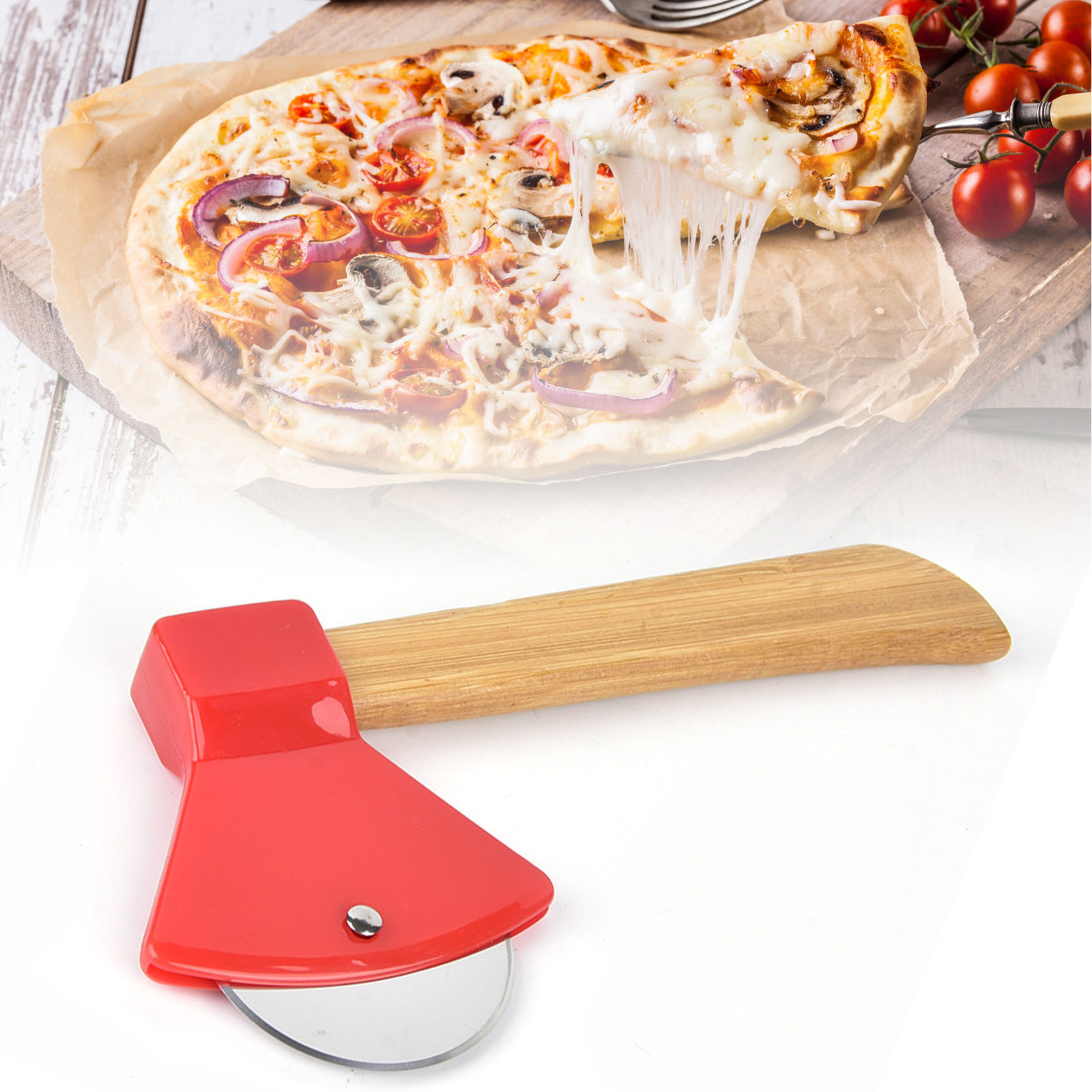 Pizzaschneider Aus 430er Stahl, Ergonomisch, Rund, Mit Pp-bambusgriff, Für Zuhause Und Gastronomie, Rot