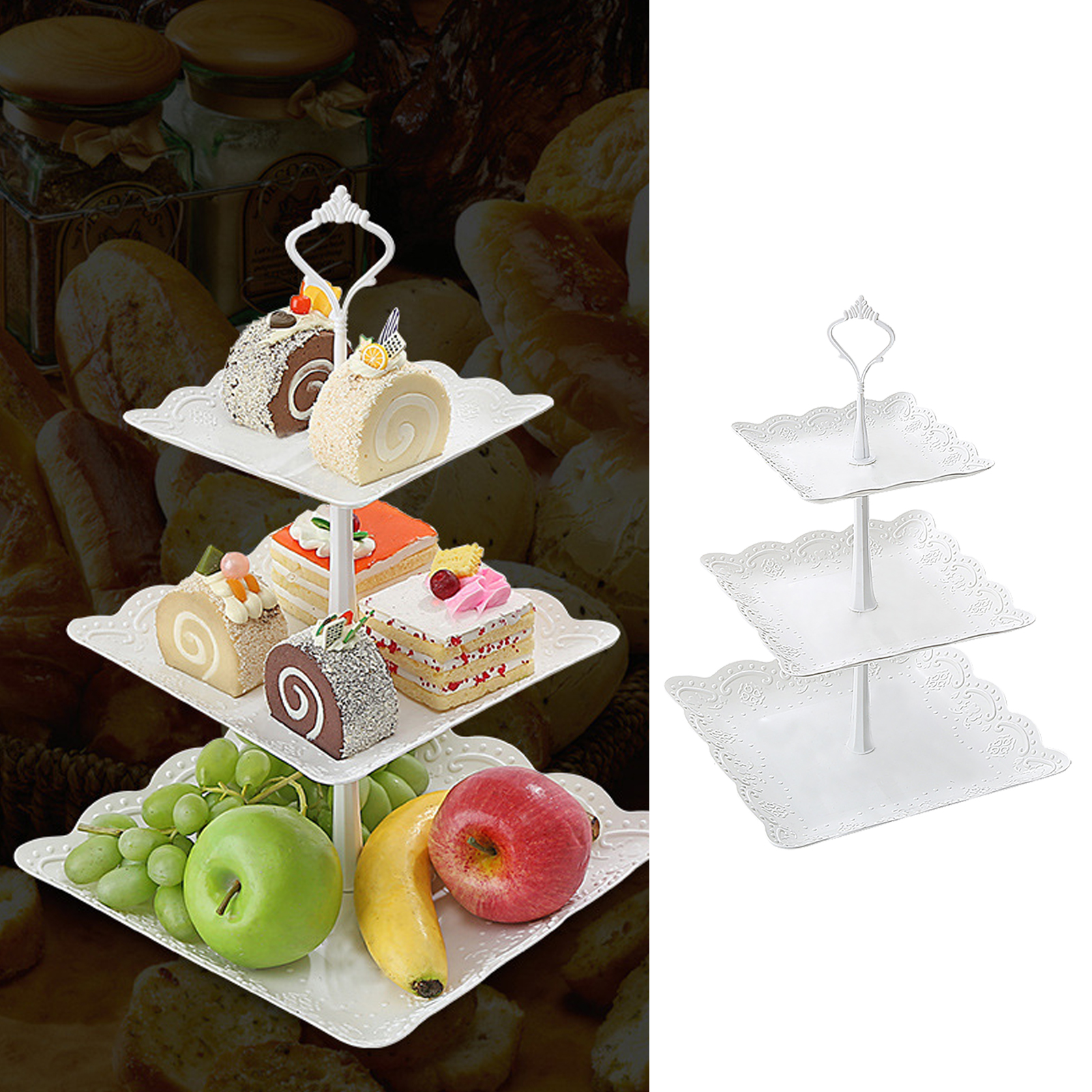 Dreistöckiges Serviertablett Aus Weißem Kunststoff, Dreistöckiger Dessert- Und Cupcake-ständer, Dreistöckige Quadratische Obstschale