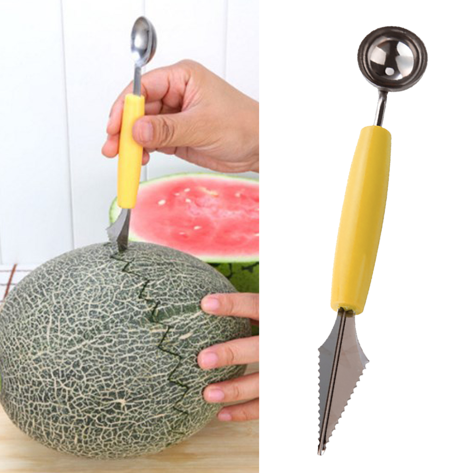 Obstschnitzlöffel, Gelb, Multifunktional, Arbeitssparend, Edelstahl, Doppelseitiger Melonenausstecher, Für Wassermelonenteller