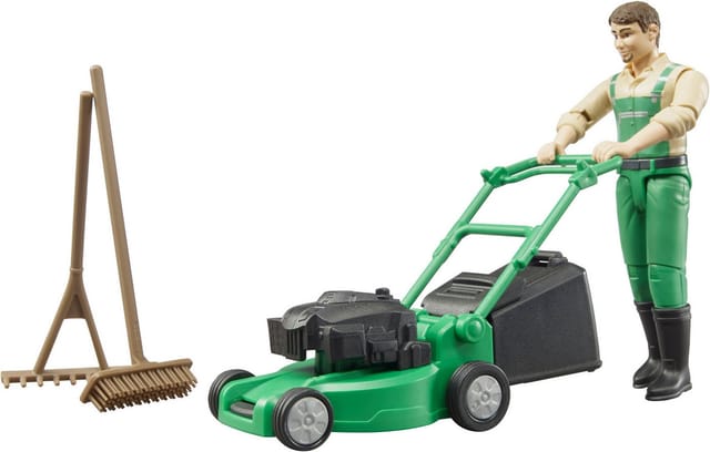Bruder® Spielfigur bworld Gärtner mit Rasenmäher und Gartengeräten (62103), Made in Europe