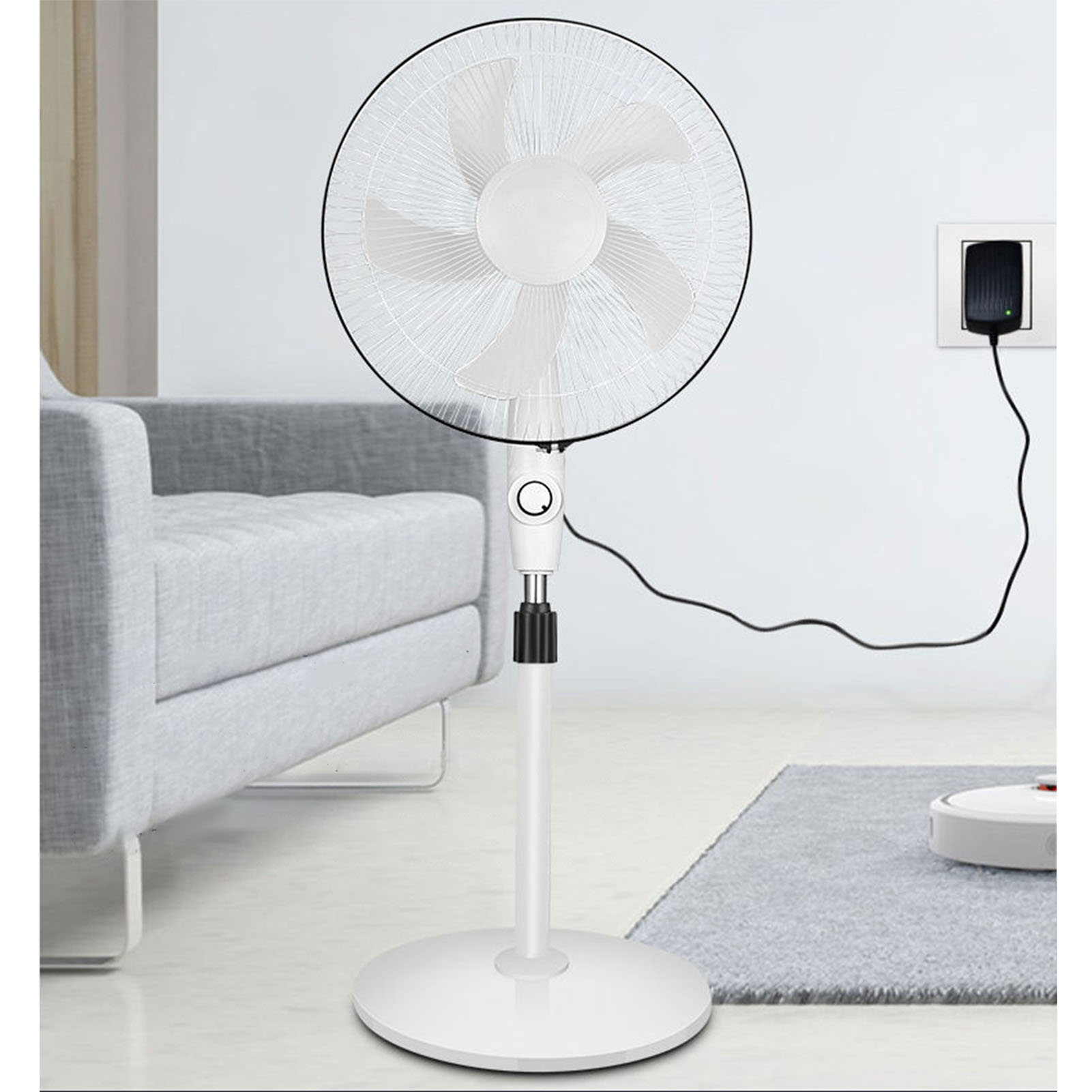 Hochleistungs-standventilator Aus Kunststoff, 3 Geschwindigkeitsstufen, Weiß, Für Schlaf- Und Wohnzimmer, Wiederaufladbar (mit Ladegerät Und Solarpanel)