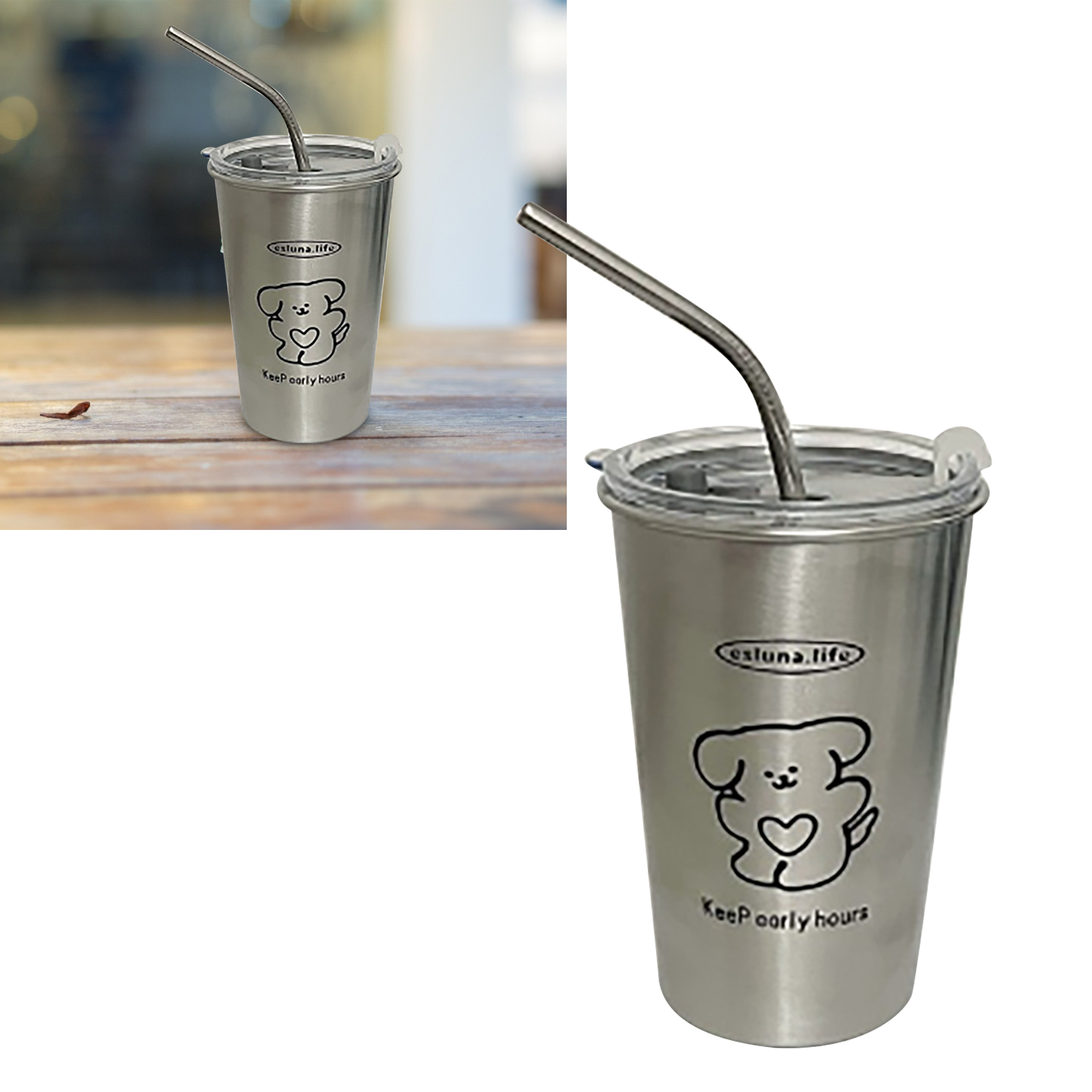 500-ml-thermosbecher Aus Edelstahl Mit Metallstrohhalm, Ideal Als Reisebecher Für Eiskaffee, Kaffee, Tee Und Ihren Teeliebenden Hund.