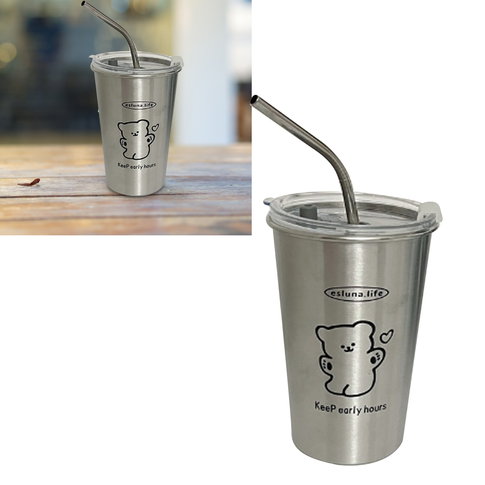 500-ml-thermosbecher Aus Edelstahl Mit Metallstrohhalm, Reisebecher Für Eiskaffee, Kaffee, Wasser, Tee, Happy Bear