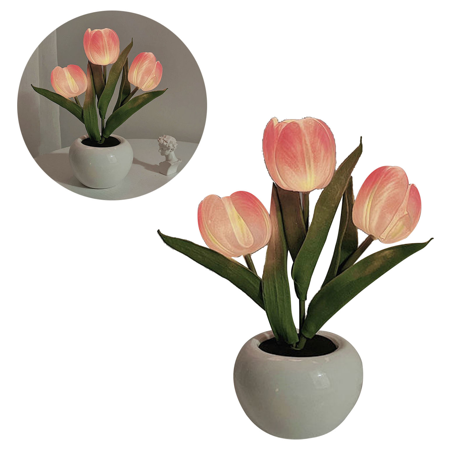 Tulpen-nachtlicht, Sanftes Licht, Exquisite Keramik, Pu, Florale Tischleuchte Für Buchhandlungen Und Cafés, Batteriebetrieben, Keramikfuß, Rosa