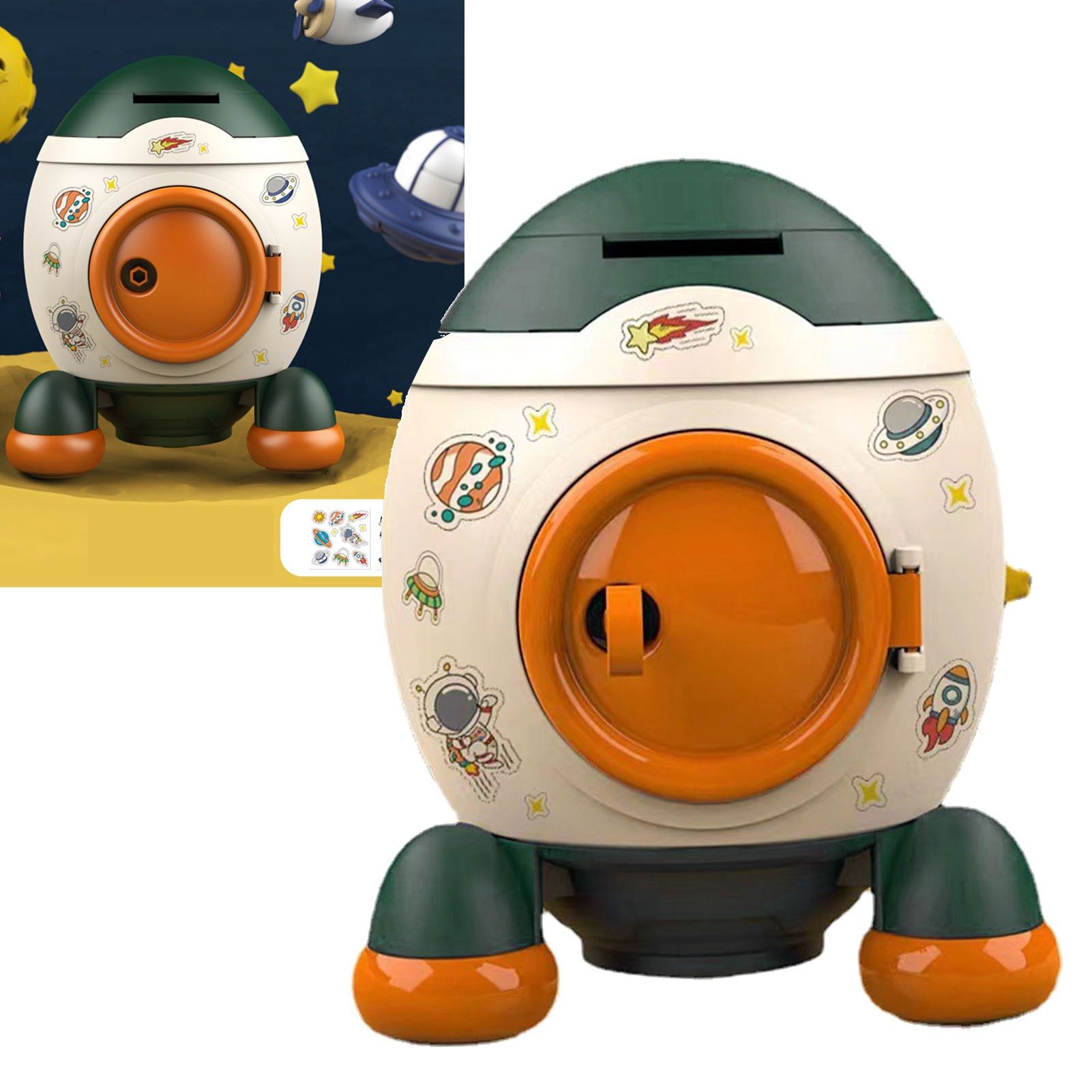 Sparschwein Im Cartoon-stil Mit Weltraumrakete, Spardose, Geldglas, Geschenk Für Jungen Und Mädchen, Morandi Green