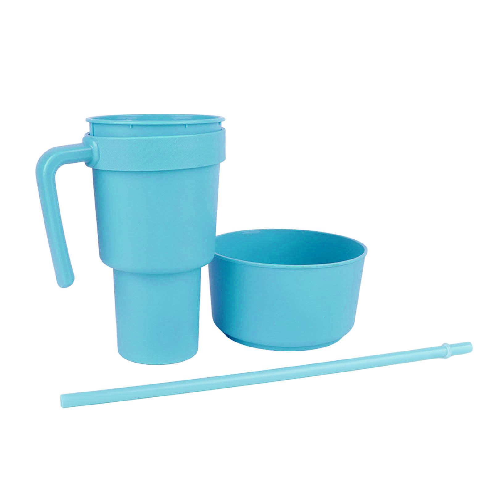 2-in-1-snackbecher Mit Strohhalm, Große Öffnung, Kunststoffbecher, Ideal Als Snackschale Für Kino, Zuhause Und Reisen, Hellblau