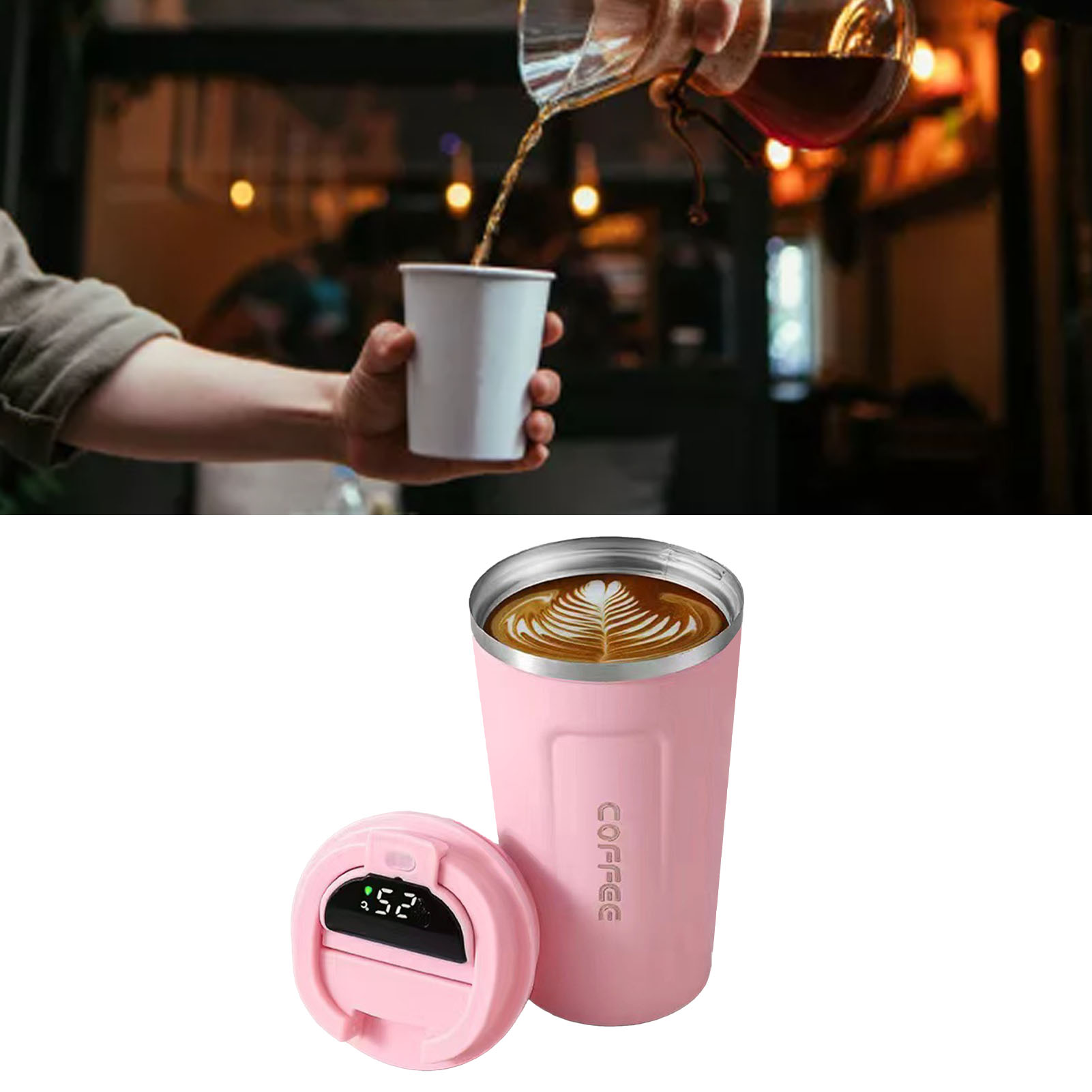 Intelligente Temperaturanzeige, Tragbarer, Isolierter Kaffeebecher Aus Edelstahl 304, Schlichtes Design, Reine Farbe, Zweite Generation, Rosa, 510 Ml
