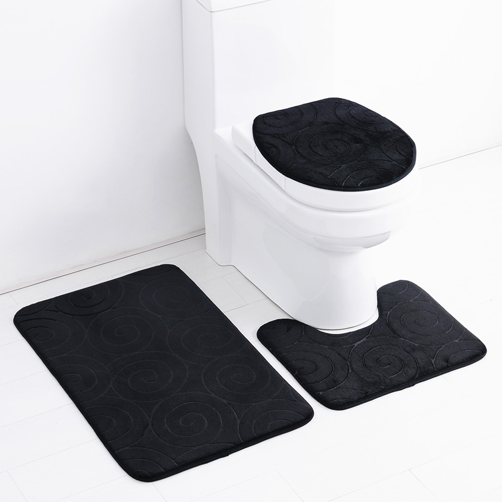 3er-set Badezimmermatten Mit Geprägtem Muster Für Wc-deckel, Bodenmatten, Saugfähig, Schwarz