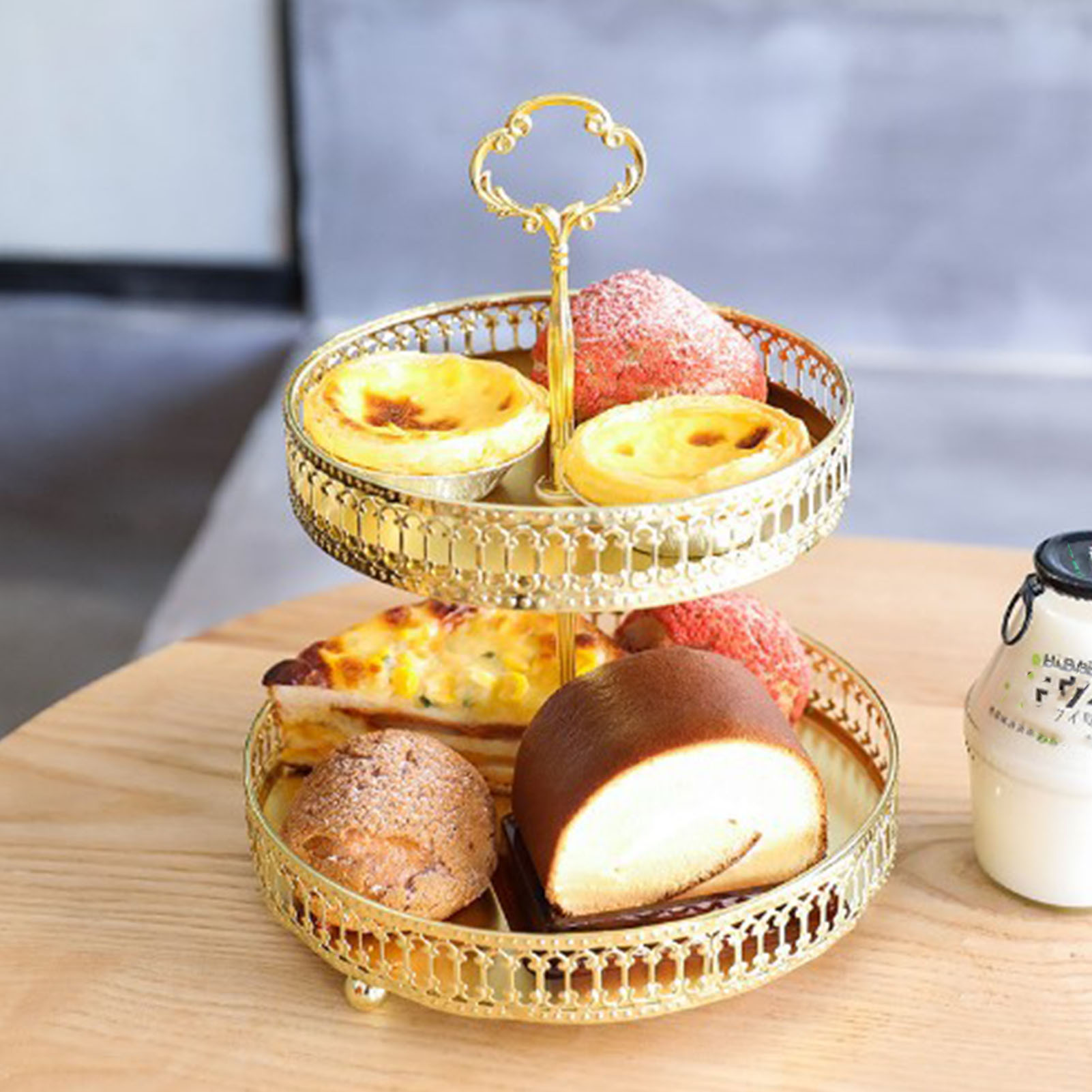 Doppelstöckige Tortenplatte, Dekorative Dessertplatte Aus Kupfer Und Gold Für Hochzeiten, Vertikale Maserung