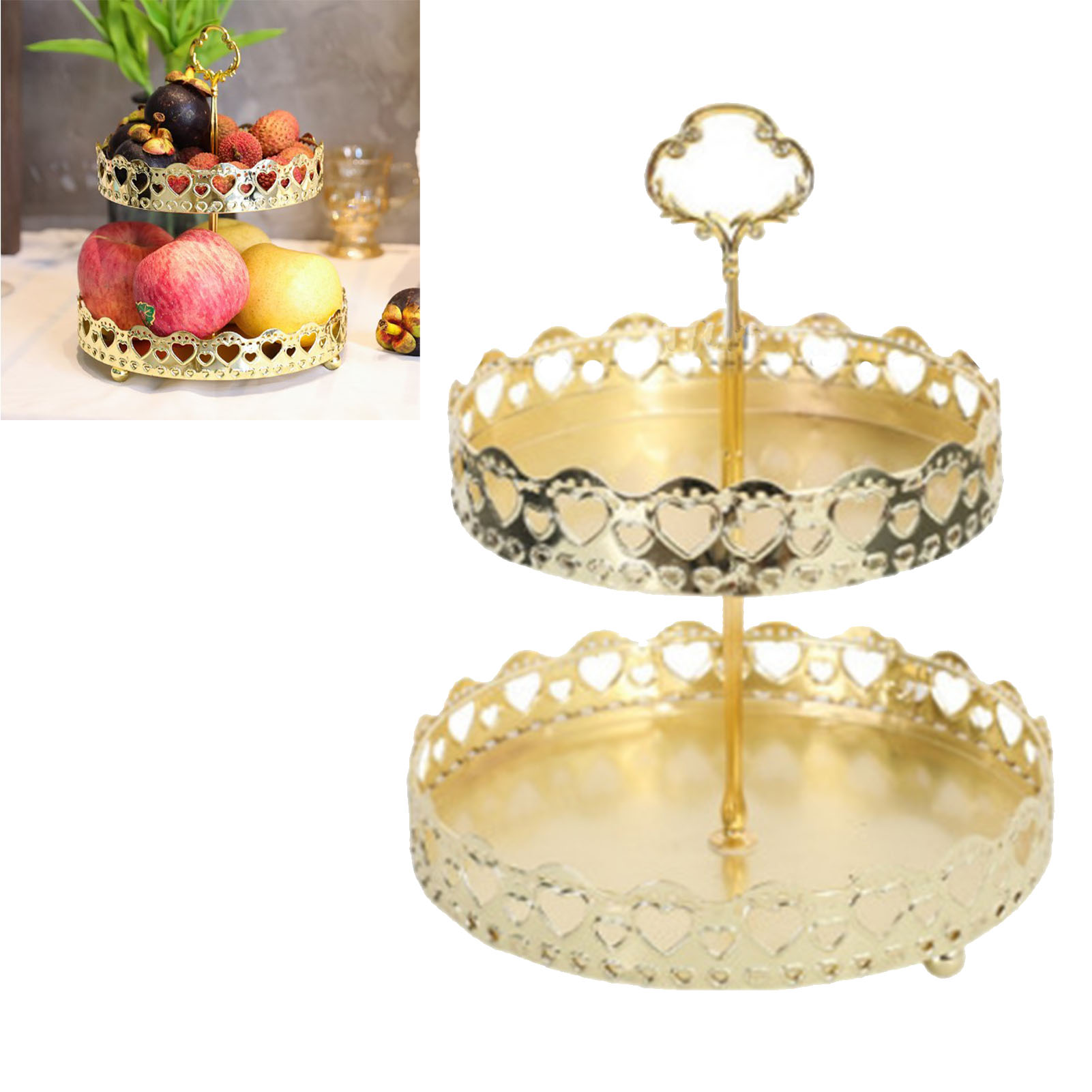 Doppelstöckige Tortenplatte, Dekorativer Dessertteller Aus Kupfer Und Gold, Hohler Herzförmiger Hochzeitsteller