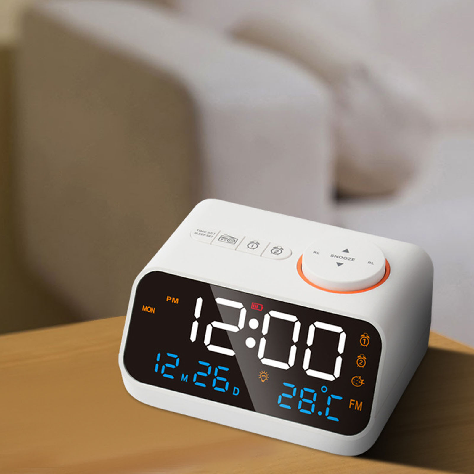 Multifunktionales Led-radiowecker Mit Musikwiedergabe, Wiederaufladbarer Fm-radiowecker Für Zuhause, Weiß