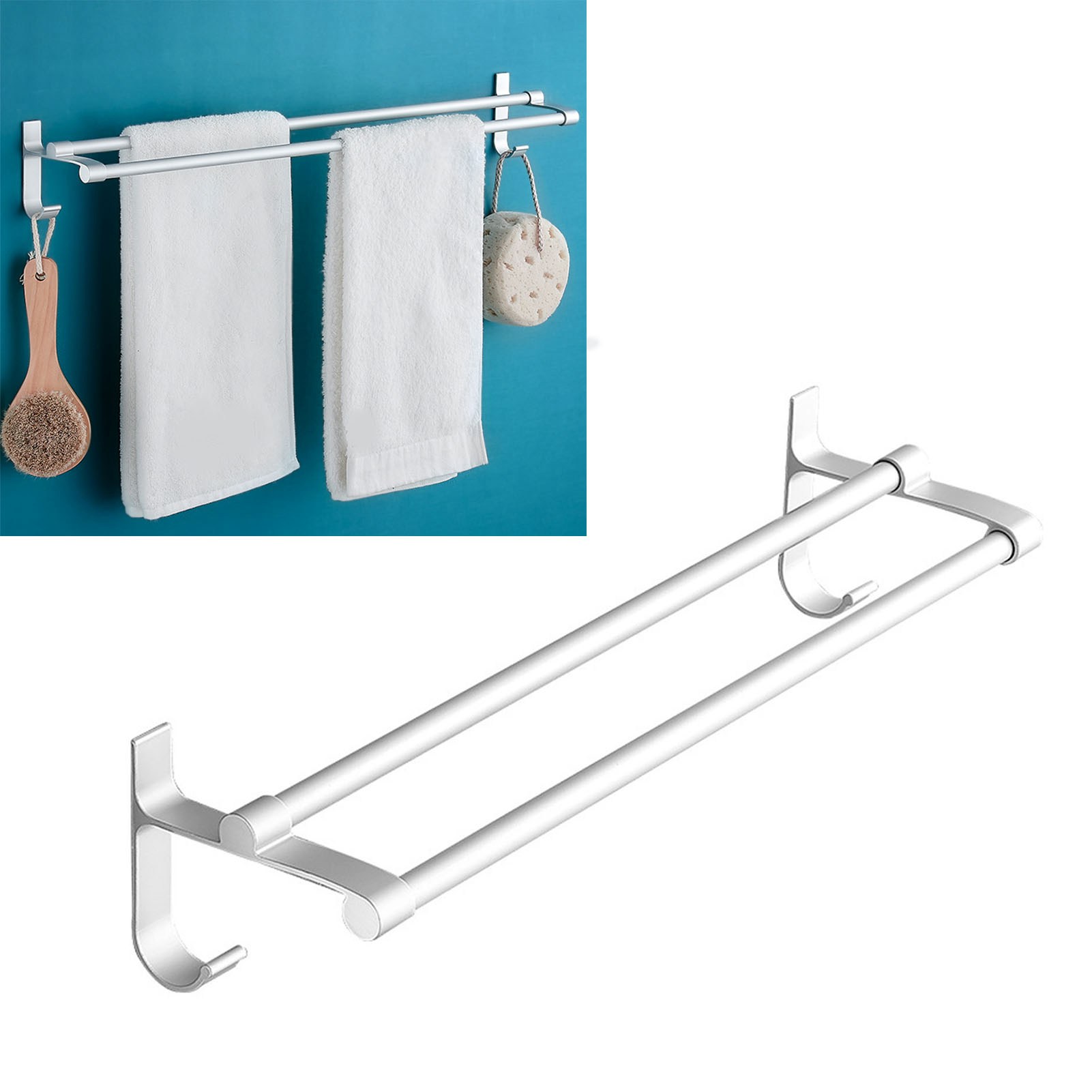 Doppelter Handtuchhalter Aus Silber-weißem Aluminium, Ungelocht, Badezimmer, Wandmontage, Handtuchablage, 60 Cm