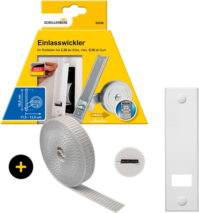 SCHELLENBERG Einlass-Gurtwickler inkl. Abdeckplatte, Gurtführung, Rollladengurt grau oder weiß, Set, 1-tlg., Unterputz Gurtwickler 16 cm Lochabstand für das Rollladensystem Maxi