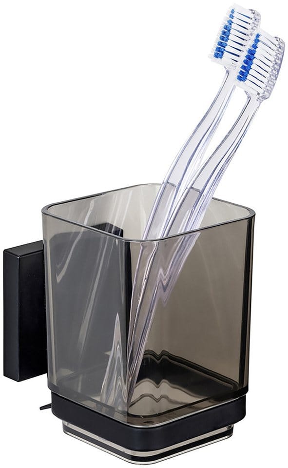 WENKO Zahnputzbecher Vacuum-Loc® Modell Quadro, mit Wandhalterung ohne Bohren, Edelstahl und Kunststoff