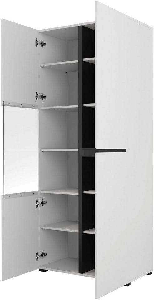 OTTO home Vitrine Cross, Höhe 183,5 cm, moderne grifflose Standvitrine mit 3 Türen Hochschrank mit viel Stauraum, Glastür und verstellbaren Einlegeböden