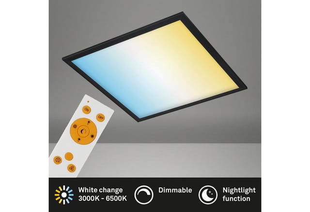 Briloner Leuchten LED Panel Ultraflaches CCT LED Panel, CCT - über Fernbedienung, Dimmer, Dimmfunktion, Ein-/Ausschalter, Farbsteuerung, Memoryfunktion, Nachtlichtfunktion, Timerfunktion, dimmbar über Fernbedienung, mehrere Helligkeitsstufen, LED fest integriert, warmweiß - kaltweiß, Deckenleuchte, schwarz, 1xLED/24W, Fernbedienung, Nachtlicht