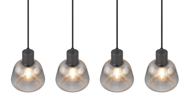TRIO Leuchten Pendelleuchte TARIFA, 4-flammige Hängeleuchte exkl 4xE27 max 25W, Glas Hängelampe, Leuchtmittel wechselbar, warmweiß - kaltweiß, höhenverstellbar max 150cm Glas in Riffeloptik und leicht verspiegelt