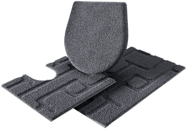 Grund Badematte Riana, Badvorleger, Badezimmer Teppich, sehr weich, Höhe 20 mm, rutschhemmend beschichtet, schnell trocknend, Polyester, rechteckig, 3-tlg. Stand-WC Set, Modernes Design mit Linien in Hoch-Tief-Struktur, Made in Europe