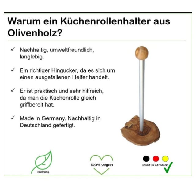 Olivenholz-erleben Küchenrollenhalter DESIGN mit Edelstahlstangen und Olivenholz, (1-St), Fuß aus rustikaler Olivenholzscheibe, Edelstahlstangen, Höhe ca. 33 cm
