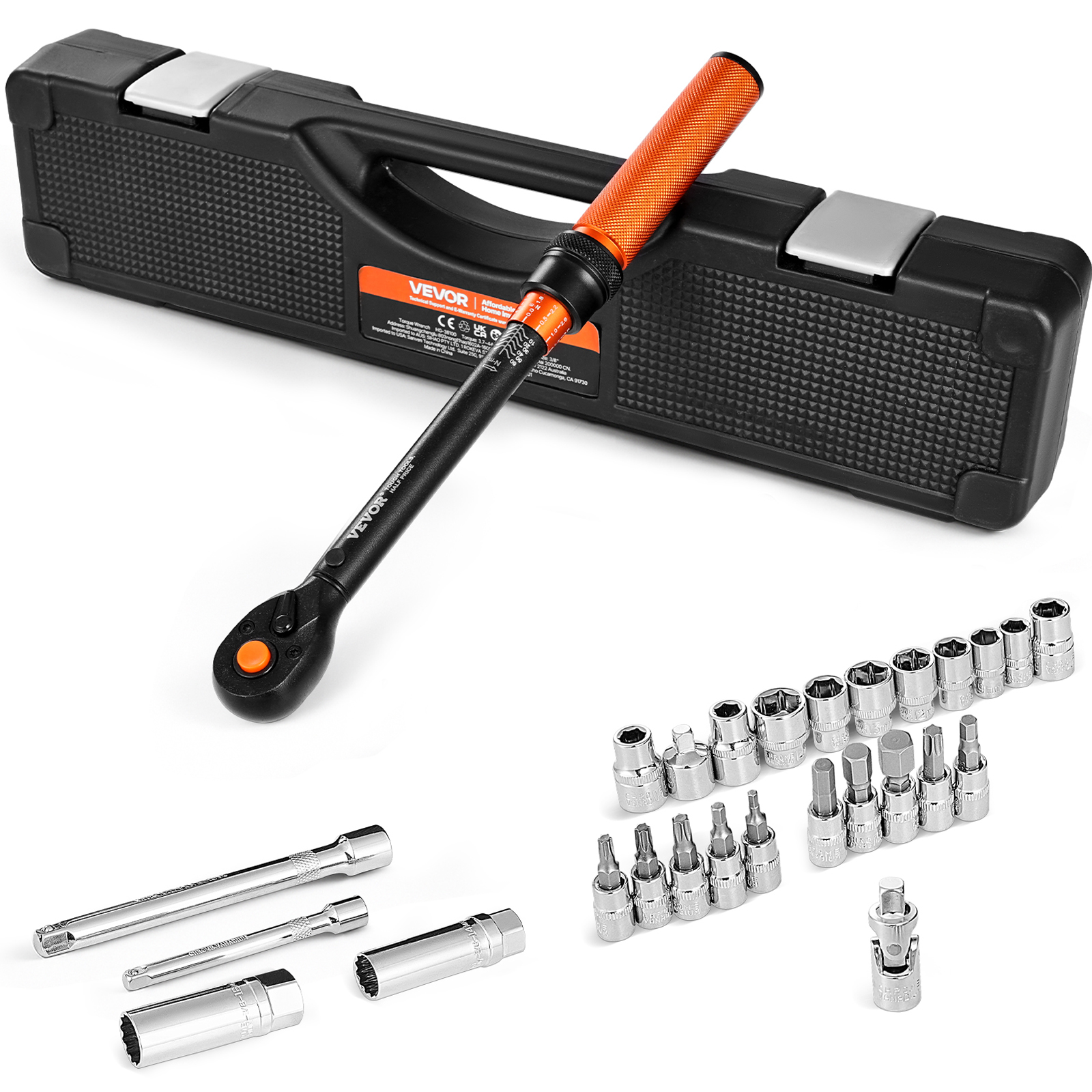 Vevor Klick-drehmomentschlüssel Set Mit 3/8 Zoll Antrieb 5-60 N.m, Zweiwege-drehmomentschlüssel Mit Stecknüssen & Bohrer & Verlängerung, 72 Zähne ±3 % Hohe Präzision Für Autoreparatur Orange