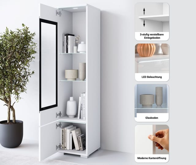 Home affaire Vitrine Vera, Glasvitrine, Höhe 130 cm, in verschiedenen Farbausführungen (1-St) LED-Beleuchtung, Türanschlag frei wählbar, stehend/hängend