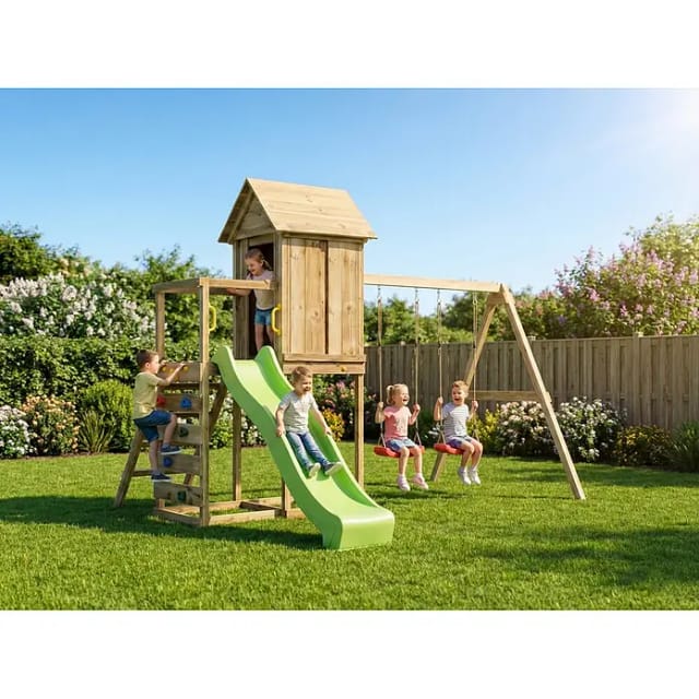 FUNGOO Spielturm MaxPlay 5, mit Spielhaus, Rutsche, Doppelschaukel, Kletterwand