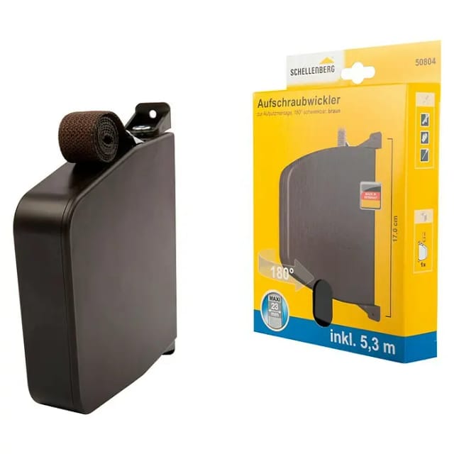 SCHELLENBERG Aufputz-Gurtwickler Aufschraubwickler für das Rollladensystem Maxi, Set, 1-tlg., schwenkbar, mit vormontiertem Rollladengurtband, weiß oder braun