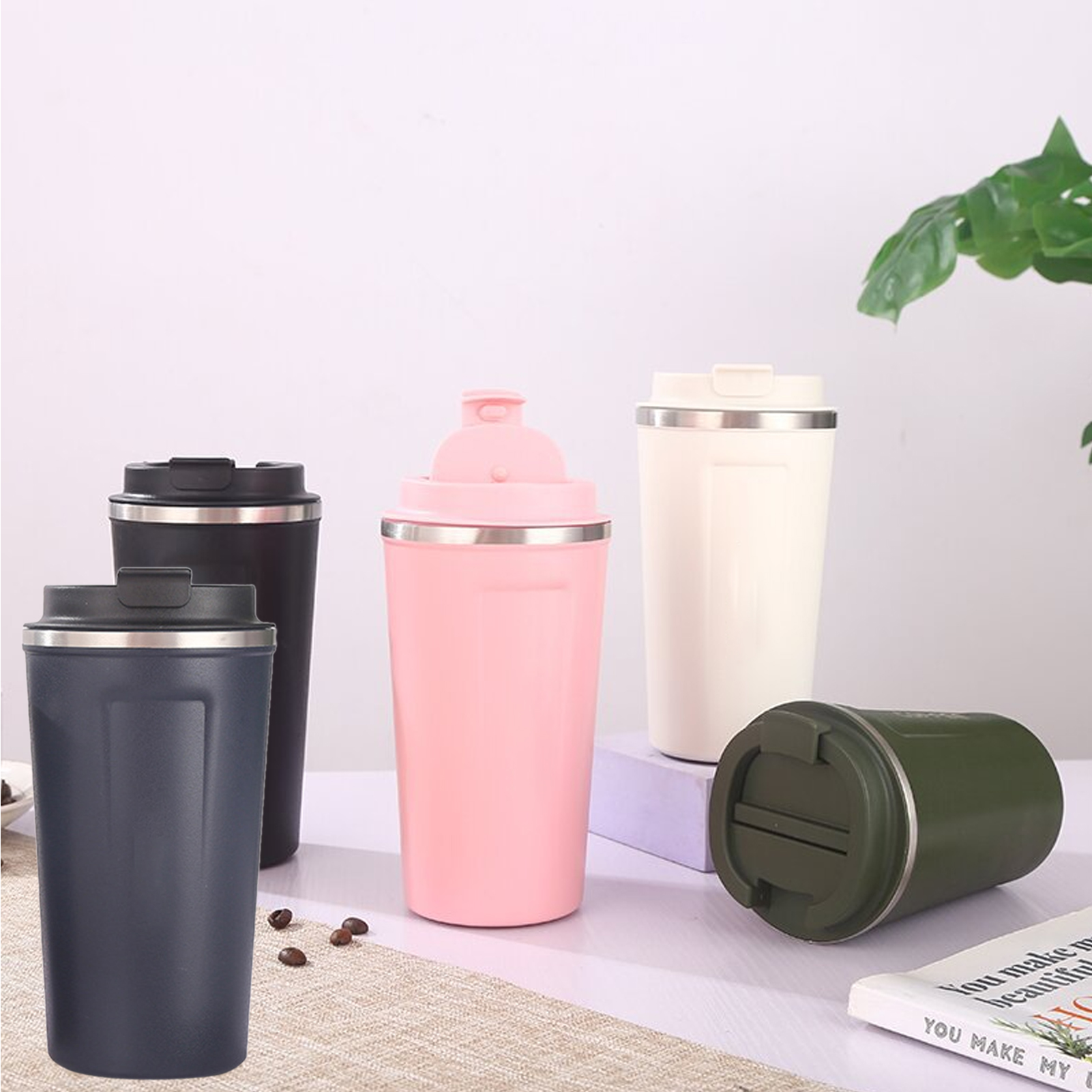 Thermobecher Aus Edelstahl 304, Großes Fassungsvermögen, Tragbarer Thermobecher Mit Deckel, Rosa, 380 Ml