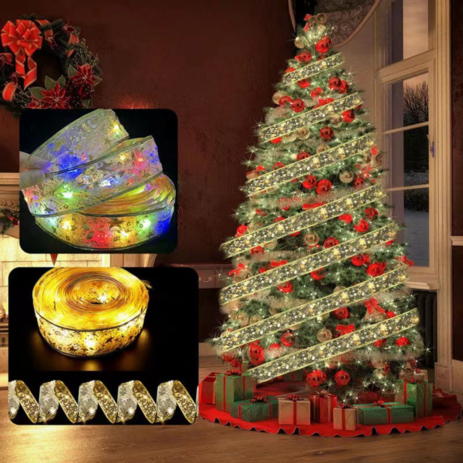 Weihnachtsband Mit Lichterkette, Goldenes Band, Warmweißes Licht, 50 Leds, Weihnachtsbaumband Für Weihnachtsdekorationen, 50 Meter