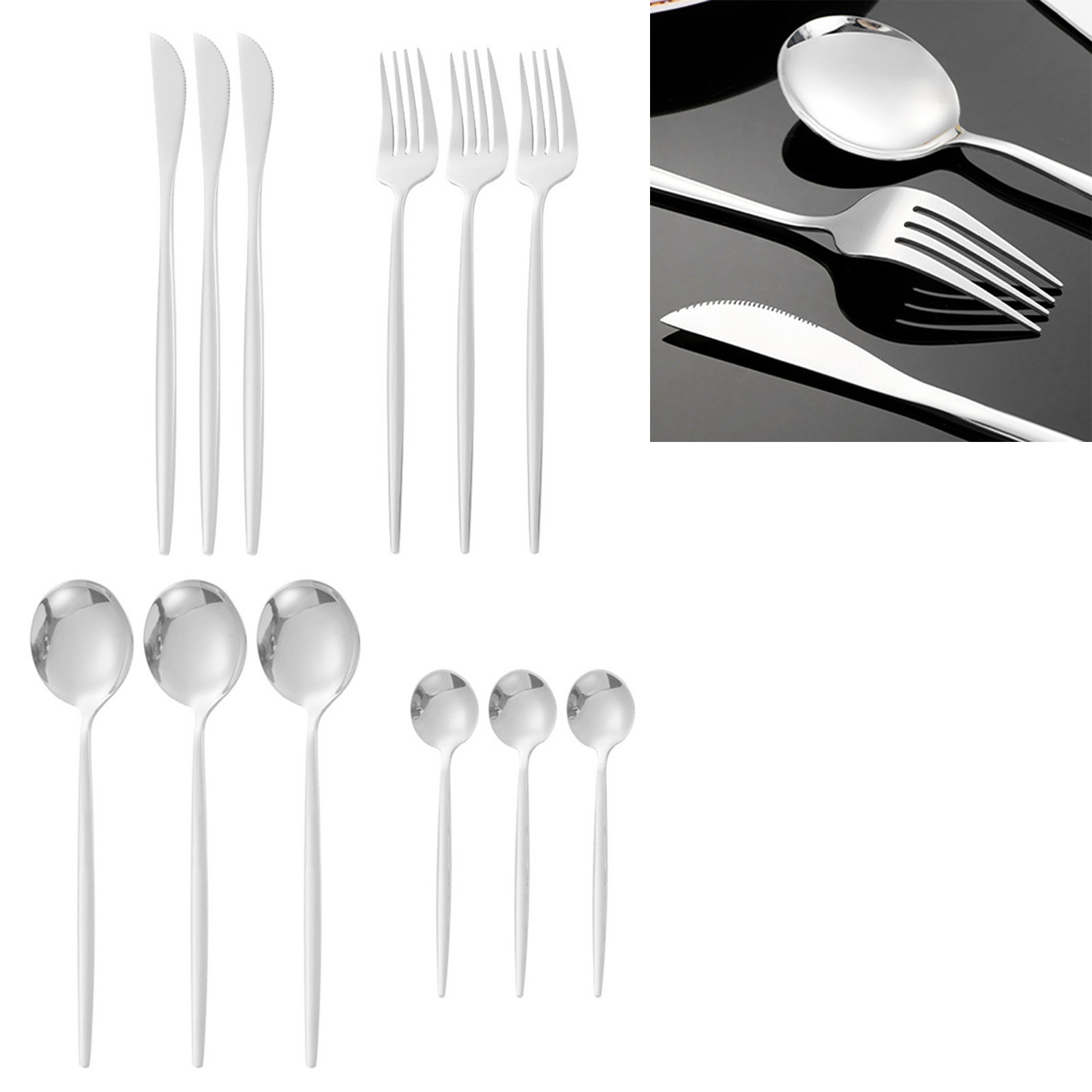 12-teiliges Besteckset Aus Edelstahl 410, Löffel, Messer, Gabeln, Glänzend, Für Haushalt Und Gastronomie, Silberfarben
