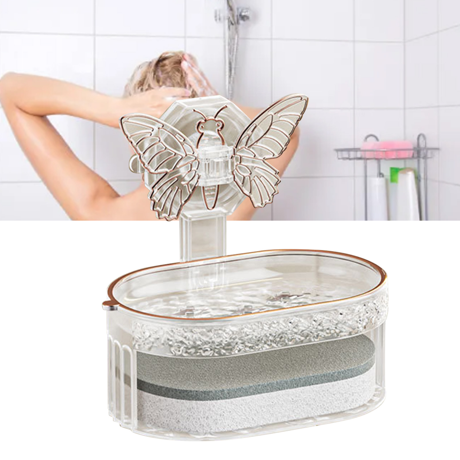 Eleganter, Stilvoller Doppelseifenhalter Mit Saugnapf, Seifenablage Mit Schwamm Für Bad Und Küche, Weiß