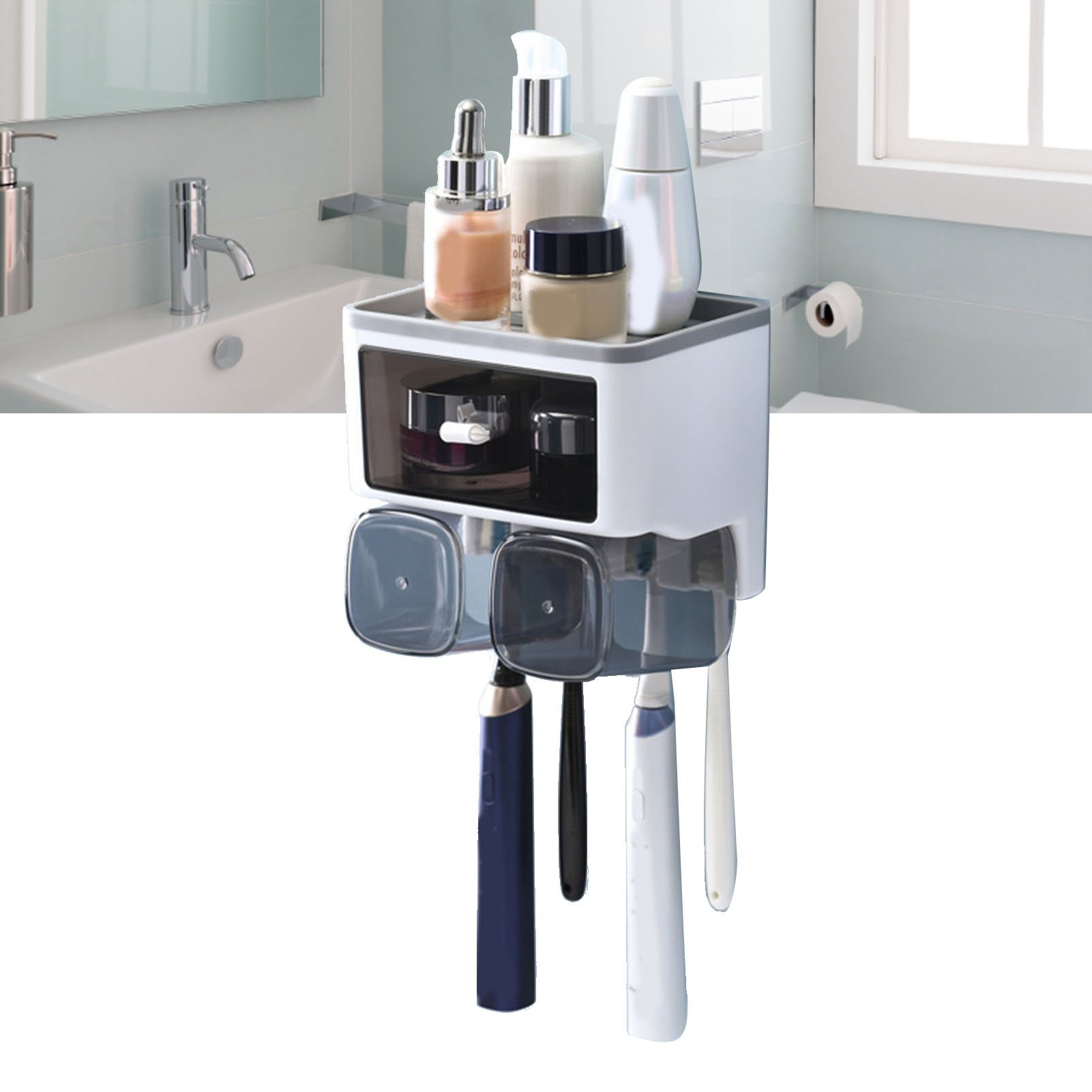 Zahnbürstenablage, Mundwasserbecherhalter, Weiß, Wandmontage, 2 Becher