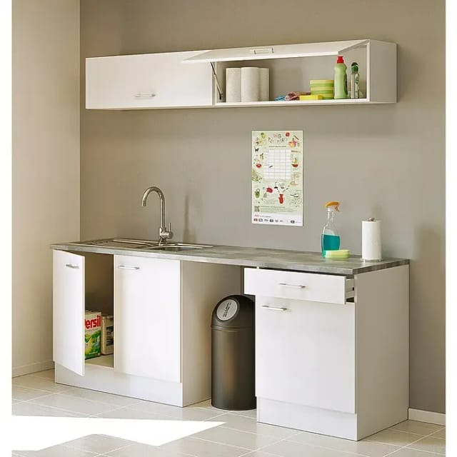 Flex-Well Mehrzweckschrank-Set LUCCA, 6-teilig, Hauswirtschaftsraum, Hobbyraum, Küche, Breite 210 cm, (Komplett-Set, 6-St., bestehend aus: 2x Unterschrank, 2x Hängeschrank, Arbeitsplatte + Spüle), Kombination aus 4 Möbelteilen inkl. Arbeitsplatte und Einbauspüle