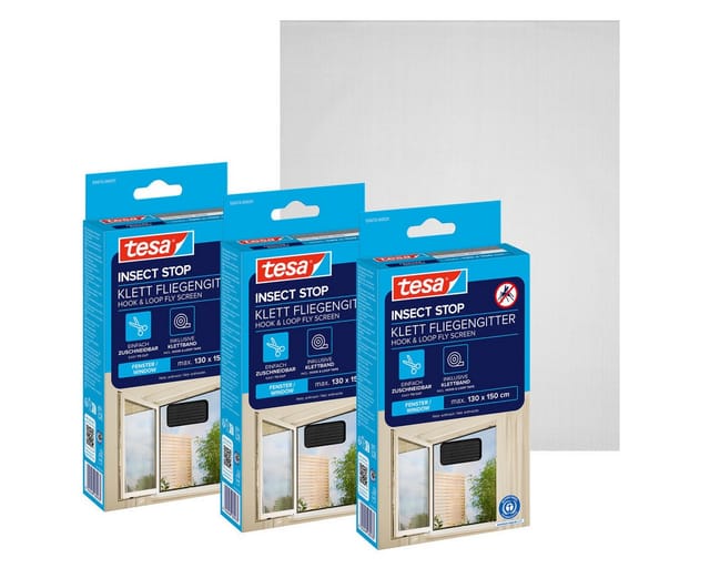 tesa Insektenschutz-Fensterrahmen Insect Stop Standard Fliegengitter für Fenster - 1.3 m : 1.5 m, (Packung, 3-St., Fliegennetz, Klettband), Insektenschutzgitter - Fliegenetz ohne Bohren - zuschneidbar