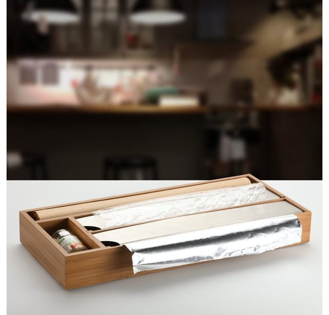 KESPER® Folienspender Schubladen-Folienspender mit praktischen Abreißkanten aus Edelstahl, (1-St), aus FSC®-zertifiziertem Bambus, mit 4 Fächern, Maße ca.: 42x19x5,4 cm