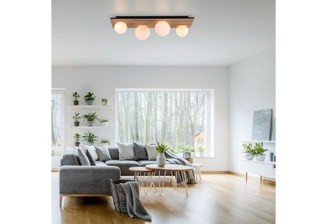 OTTO home Deckenleuchte Evinnia Akustikpaneele mit Glaskugeln, Leuchtmittel wechselbar, ohne Leuchtmittel, Warmweiß, Holz, Akustik, Paneele, Glas, opal matt weiß, Deckenlampe