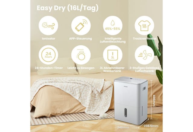 comfee Luftentfeuchter »Easy Dry 16« geeignet für Räume mit bis zu 32 m², Entfeuchtung 16 l/Tag, mit Trocknermodus, App -und Sprachsteuerung