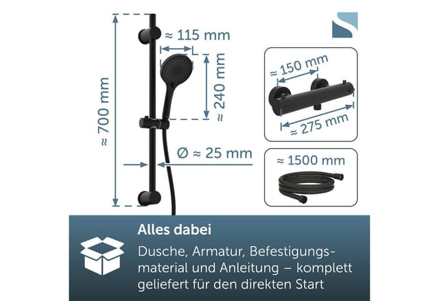 Schütte Duschsystem BLACK, Höhe 70 cm, 3 Strahlart(en), Überkopfbrauseset mit Thermostat, höhenverstellbar