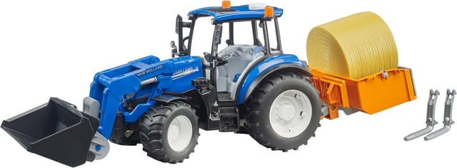 Bruder® Spielzeug-Traktor New Holland T5.120 mit Frontlader (02187), Ladekasten, Gabeln u. 1 Rundballen, Made in Europe